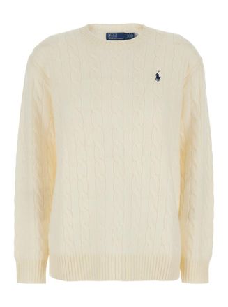 Polo Ralph Lauren White Knit Crewneck Sweater With Pony Embroidery In Wool And Cashmere Woman