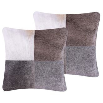 Beliani Beliani - Conjunto De 2 Cojines De Piel De Vaca Algod&oacute;n Gris 45 X 45 Cm Patchwork Nelland