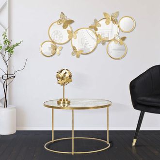 Dmora Mesa De Centro Taketa, Decoraciones Con Mariposas, Forma Redonda, Color Tablero Transparente, 60x60x41h Cm Oro