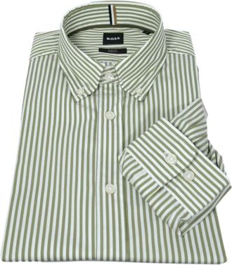 HUGO BOSS Slim Fit Katoenen Gestreept Overhemd - Heren - Casual Overhemden - Groen - M - Katoen - Overhemden