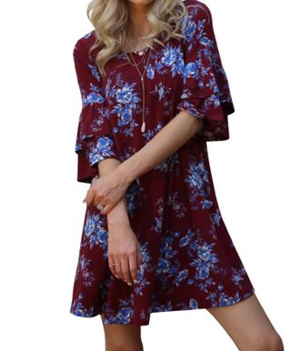 Angie Floral Double Ruffle Sleeve Dress In Plum