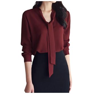 Generic 2025 Blouses Womens Solid Color Long Sleeve Business Casual Bow Ribbon Blouse (Red, L)
