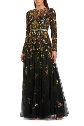 Mac Duggal Hand Beaded Mesh Long Sleeve High Neck A Line Gown in Black Gold at Nordstrom, Size 20