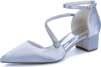 Generic Bridal Shoes Womens Rhinestone Wedding Prom Pumps Satin Pointed Toe Ankle Strap Bridesmaid Chunky Heels Shoes4.5Cm,Silver,10 UK