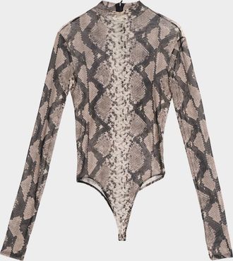 Sally Lapointe Snakeskin-Print Mesh Mock-Neck Bodysuit