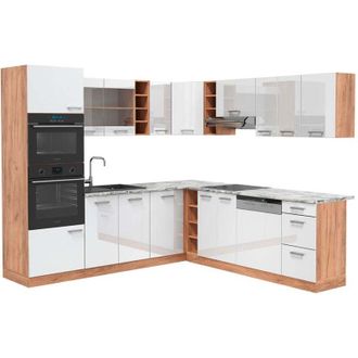 Vicco Cocina esquinera R-Line, Blanco brillo intenso/roble dorado, 237 x 247 cm, et Mármol