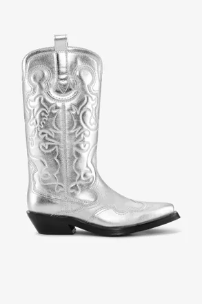 Ganni Silver Mid Shaft Embroidered Western Boots - Size 6
