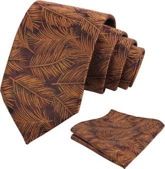 Alizeal Mens Leaves Pattern Tie and Hanky Elegant Romantic Wedding Party Necktie and Pocket Square Set, Brown+Gold