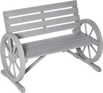 OUTSUNNY 2 Seater Garden Bench w/ Wooden Cart Wagon Wheel Rustic High Back Charcoal grey