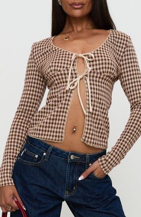 Princess Polly Maemi Front Tie Crop Top in Brown Check at Nordstrom, Size 6