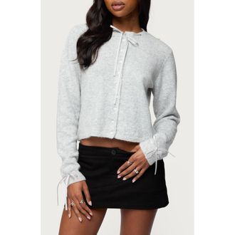 Edikted Vickie Ribbon Detail Crop Cardigan in Gray-Melange at Nordstrom, Size X-Large