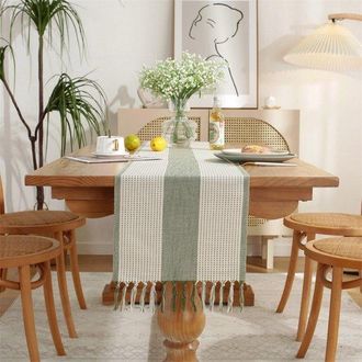No Brand Camino De Mesa, Estilo Bohemio, Color Crema, Estilo R&uacute;stico, Con Borlas, Lavable, Ideal Para Fiestas Y Decoraci&oacute;n De Bodas, Con Tres Rayas Verde Claro