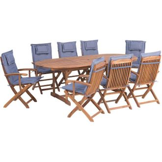 Beliani Conjunto De Comedor De Jard&iacute;n De Madera De Acacia Clara Con Cojines Azules Mesa Extensible Para 8 Personas Sillas De Dise&ntilde;o R&uacute;stico Maui