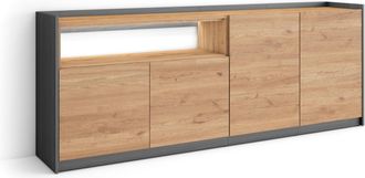 Skraut Home Skraut Home - Aparador Para Sal&oacute;n, Gran Capacidad De Almacenaje, 207x37x80cm, 4 Puertas, Led, Estilo Moderno, Roble Y Negro