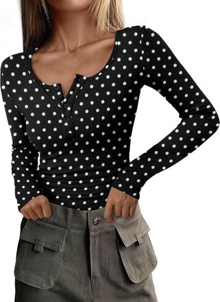 PrettyGarden Womens 2026 Fall Long Sleeve Henley T Shirts Button Ribbed Knit Slim Fit Basic Tops Blouse Casual Outfits, 01 Small Polka Dot Black, L