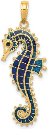 Diamond2Deal 14k Yellow Gold 3-D Blue Enameled Seahorse Pendant
