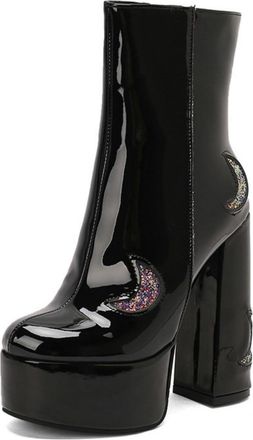 Generic Womens Patent Leather Ankle Boots with Platform & Chunky Heel,Side Zipper Sparkly Party Booties,Black,1.5 UK