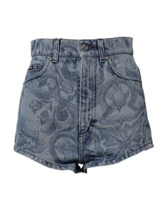 Dolce & Gabbana Blue Floral Print Denim Cotton Hot Pants Womens Shorts