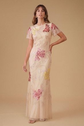 Oasis Womens Fan Floral Embellished Angel Sleeve Maxi Dress - Multicolour - Size 10 UK