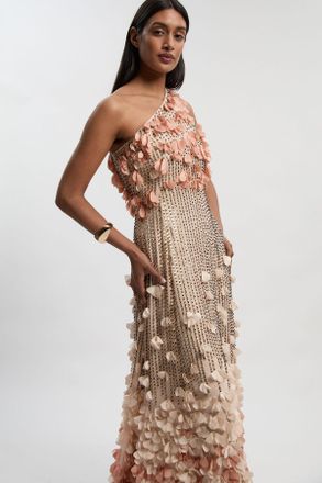 Karen Millen Womens Petite Floral Applique One Shoulder Woven Maxi Dress - Pink - Size 12 UK