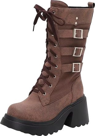 Generic Womens Modern Mid Calf Boots Square Toe Super High Block Heel Platform With Lace-Up Closure And Belt Buckle