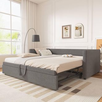 Merax 3ft Single Grey Linen Upholstered Daybed with Lift-Up Trundle Bed