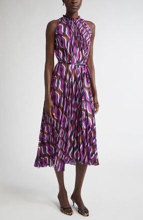St. John 70s Block Print Pleated Dress in Deep Purple/Navy Multi at Nordstrom, Size 10