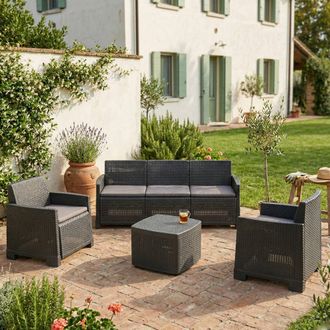 Dmora Dmora - Conjunto De Sal&oacute;n De Exterior Alassio, Conjunto De Jard&iacute;n Con 2 Sillones, 1 Sof&aacute; Y 1 Mesa Contenedor, Efecto Rattan Con Cojines, 100% Made In 