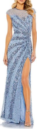 Mac Duggal Embellished Illusion High Neck Cap Sleeve Gown in French Blue at Nordstrom, Size 12