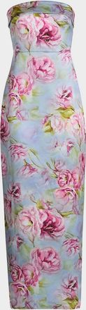 Theia Cleo Strapless Floral-Print Mikado Column Gown