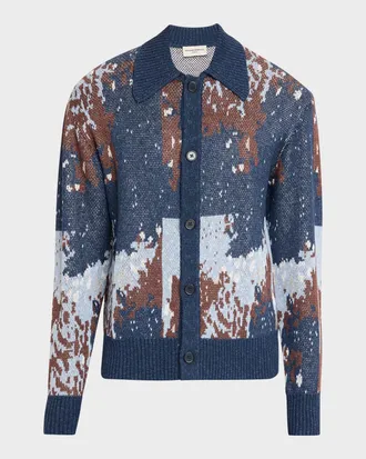 Officine G&eacute;n&eacute;rale Men & apos;s Multicolor Linen Blend Abstract Cardigan