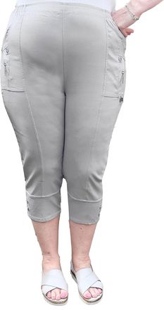 Generic Caprice - Vera Tucci - Cropped 3/4 Length Womens Capri Trouser Elastic Waist (T6, Light Grey), 18