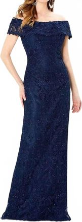 Montage by Mon Cheri Beaded Lace Sheath Evening Gown In Navy