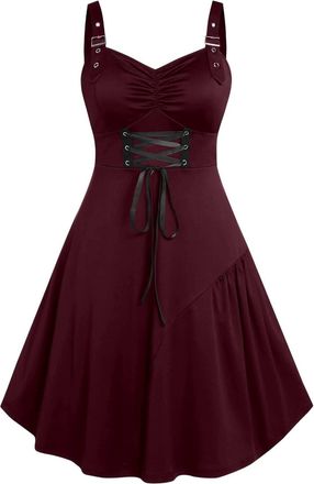 Generic Gothic Dresses for Women UK Halloween Costume Lace up Sleeveless Swing A Line Dress Ladies Steampunk Y2K Dress Womens Renaissance Medieval Dresses for
