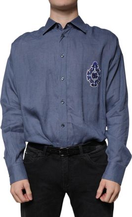 Dolce & Gabbana Mens Blue Logo Long Sleeve Button Down Casual Shirt Flax