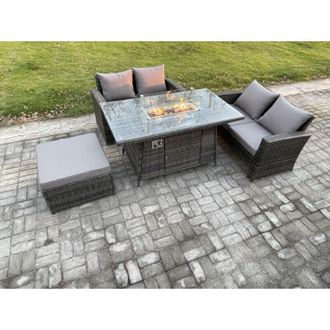 Fimous 4 Pieces Garden Furniture Sets Poly Rattan Outdoor Patio Gas Firepit Dining Table Sofa Set with Big Footstool - Fimous