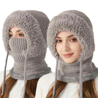 Generic 3 in 1 Balaclava Hat with Scarf and Mask Women Winter 3-in-1 Set Premium Knitted Warm Plush-Lined Adjustable Hood Gray