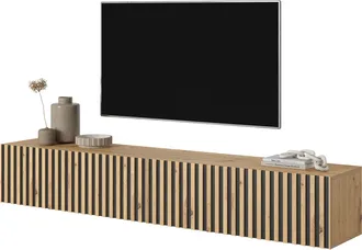 Selsey Selsey - Telire - Mueble De Tv Colgante - Roble Artesano Con Frente De Listones E Inserciones Negras - 175 Cm