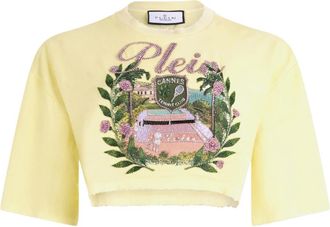 Philipp Plein Cropped T-Shirt Cannes Tennis Club - Dames - Longsleeves - Geel - M - Katoen - Tops