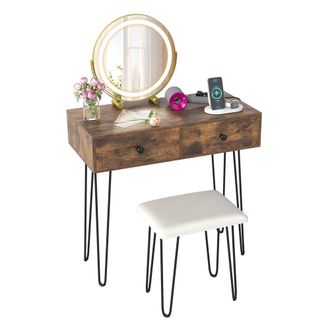 Costway Costway Vanity Desk & Stool Set Makeup Dressing Table w/ Mirror & Lights in Brown