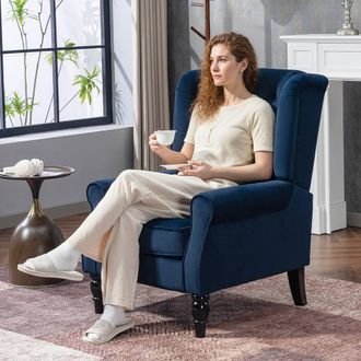 HOMCOM Retro Accent Chair Wingback Armchair with Wood Frame for Living Room in Dark Blue | Size: 1 Seater