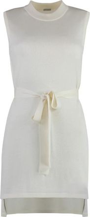 Malo Zijde Katoenen Gebreide Jurk met Riem - Dames - Kleedjes - Beige - M - Katoen - Kleedjes