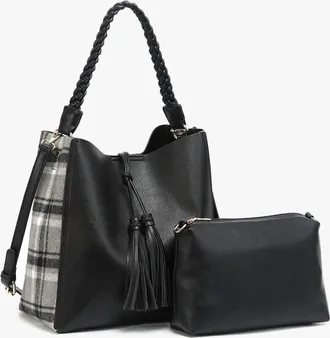 Jen & Co. Womens Dina Plaid Contrast Tote With Tassel And Removable Pouch In Black /grey