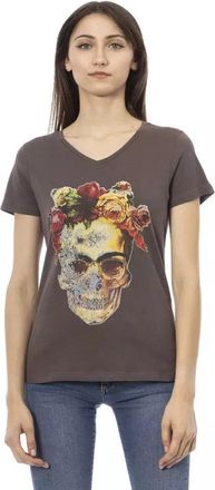 Trussardi Bruine Katoenen V-Hals T-Shirt met Voorkant Print - Dames - T-shirts - Bruin - M - Katoen - Tops