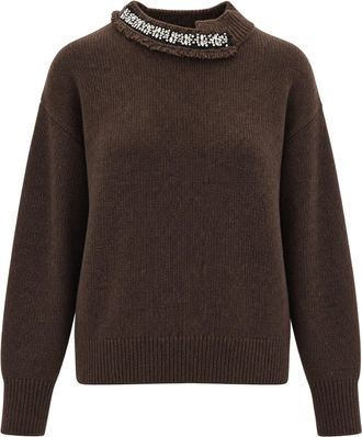 Liu Jo Brown Melange Rhinestone Ribbed Turtleneck Sweater