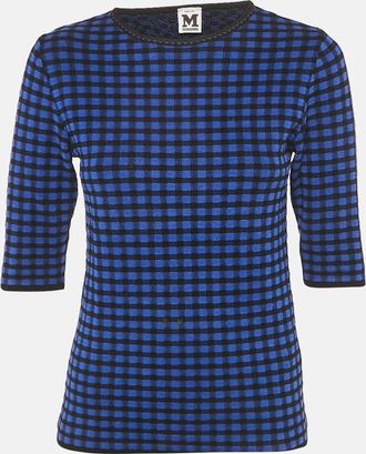 M Missoni Blue Checks Stretch Knit Round Neck Top