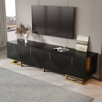 Merax Modern 160cm TV Stand with 4 Geometric Textured Doors & Gold Legs in Black