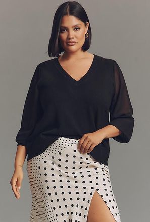 Eloquii Plus Chiffon-Sleeve V-Neck Sweater