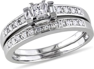 Amour 1/3 CT TW Princess Cut, Baguettes and Round Diamond Bridal Set In Sterling Silver