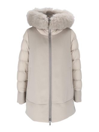 Moorer Fresia-LE Almond Quilted-Sleeve Padded Fur-Trimmed Jacket